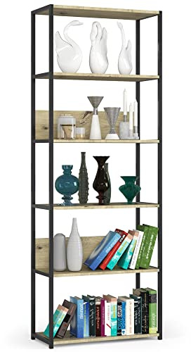 AKORD Bücherregal mit 6 Ablagen 70cm breit | Industrial/Loft-Style | Offen | Skelettbauweise | Standregal | Holz/Metall | Für Küche, Schlafzimmer, Büro | Regal mit Metallrahmen | Schwarz/Artisan-Eiche