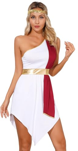 TiaoBug Damen Griechische Göttin Kostüm Ein-Schulter Toga Kleid mit Metallic Gürtel und Kopfband Mottoparty Outfits Burgundy C S