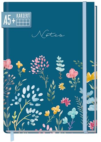 paper&you® Notizbuch A5+ kariert mit Gummiband Happy Flower 156 Seiten, 78 Blatt, als Journal, Tagebuch, Notizheft - nachhaltig & klimafreundlich
