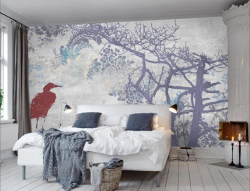 Fototapete Blumen 3D Tapeten 3D Effekt Wohnzimmer Schlafzimmer Vliestapete Retro Nostalgische Zementwand Schwarzer Baum Vögel Natur Grau Graffiti Steinoptik Kinder Tapeten