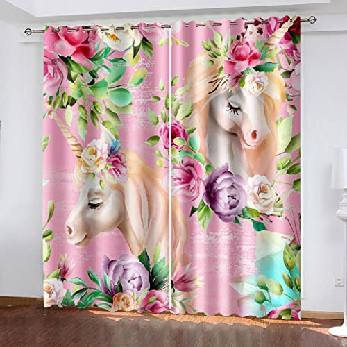 Vorhang Blickdicht Verdunkelungs Vorhänge Gardinen Wohnzimmer Schlafzimmer Kinderzimmer Mädchen Junge Thermovorhang Ösenvorhang 2Er Set 3D Druck Rosa Cartoon-Pegasus Dekoschals Fensterdekoration