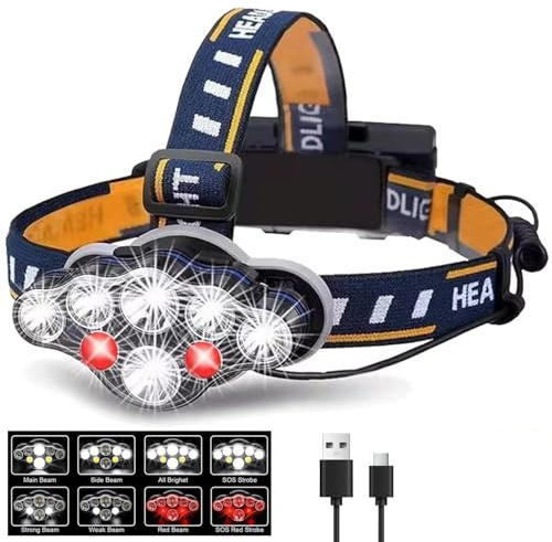 Pocketman Linterna frontal de 8 LED,8 modos,con luz de advertencia roja COB, súper brillante,recargable por USB,IPX5,impermeable,para camping,pesca,senderismo, trabajo al aire libre(sin batería)