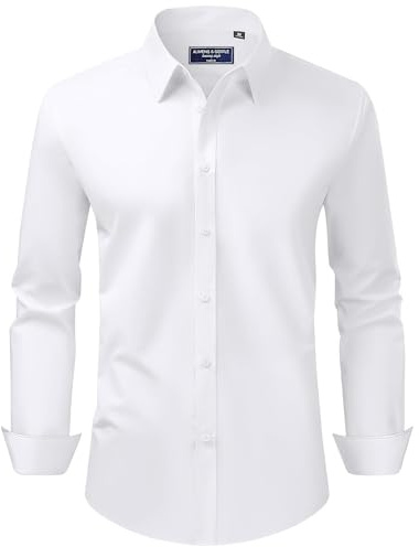 Alimens & Gentle Mens White Dress Shirt Regular Fit Stretch Stain Shield Long Sleeve Office Wedding Button Down Shirts,White,X-Large