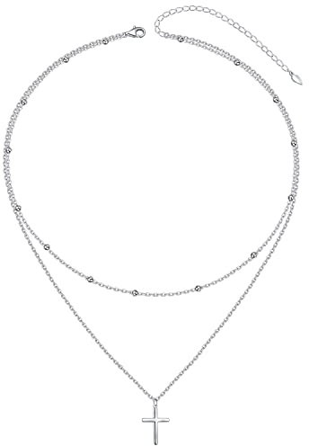 Flyow Choker Halskette für Damen S925 Sterling Silber Geschichtete Kreuz/Sonnen/Perlen Choker Halskette Zarte Seitlich Kreuz Kette Schmuck Geschenke