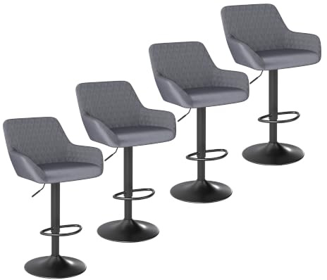 ralex-chair Barhocker 4er Set, Höhenverstellbar Tresenhocker, Grau | 360° Drehbar, mit Rückenlehne und Armlehne, Samtstoff, Drehbarer Barstuhl, mit Fußstütze, unterstützt bis zu 150 kg
