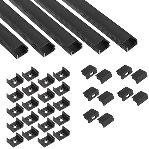 5x A15 LED Profil 2m - Schwarz + Abdeckung schwarz, Halter & Endkappen