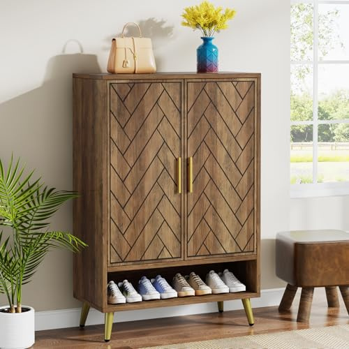 Tribesigns 7-stöckiger Schuhschrank mit 2 Türen, Schuhregal Schuhkommode mit 2 Holztüren, Küchenschrank Sideboard mit einstellbaren Regalen, für Eingang, Flurschrank,Wohnzimmer :75x 37x 110cm,J0345