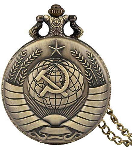 HUIBBGO Reloj de Bolsillo de Cuarzo Estilo Hoz y Martillo con Insignias soviéticas Vintage para Hombre y Mujer, Colgante Plateado con Emblema de Rusia, Regalo de Comunismo