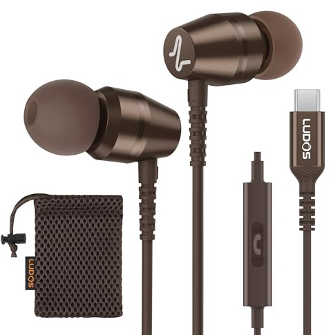 Ludos OMNITONE USB C Headphones, 5 Years Warranty, USB-C Earbuds for iPhone 16 15 Pro Max Plus Samsung Galaxy S24 S23 Ultra S22 S21 FE S20 Z Flip 3 Fold 4 A53 A54, USB Type C Earphones - Brown