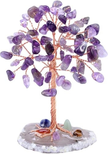 JAONLD Amethyst Crystal Tree, Mini Tree of Life Healing Crystal Tumble Stone Feng Shui Ornaments Gemstone Agate Money Figurines for Home Office Decor