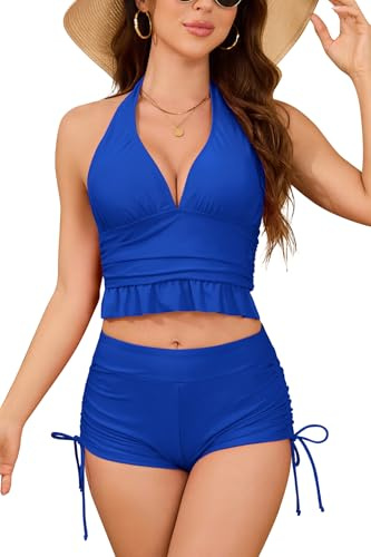 SHEKINI Donna Halter Deep V Bikini Top Cordo da Nuoto Shorts Due Pezzi Abiti da Bagno in Vita Alta con Ragazzo Corto, Fiori Blu, L