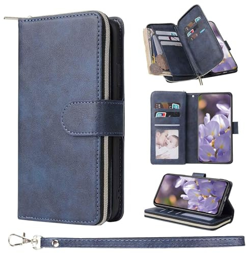 ZCDAYE Leather Phone Case for iPhone 16e/17e Wallet Case, Blue | Practical Flip Case with Card Holder, Wrist Strap, Zipper Pocket, Magnetic Closure, Elegant Women Cases Phone Cover Holster