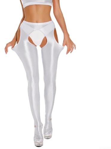Women's Glossy Shiny Sheer Open Crotch Leggings Stretchy Skinny Dance Yoga Pants High Waist Nylon Spandex(M White)