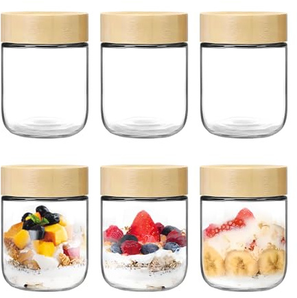 Overnight Oats Jar Container with Wood Lids 6Pcs Glass Mason jars 500ml Wide mouth Glass Overnight Oats Containers Airtight Glasses Food Storage Containers for Salad Snacks Yogurt Spice Sugar Pickling