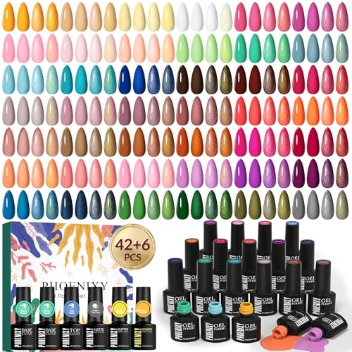 PHOENIXY 48 Stück U V Nagellack Set, 42 Farben Gel Nägel Set mit Unterlack und Überlack Glitter- und Gold-Effekten U V Gel Nagellack Gelnägel Starterset Geschenk für Frauen