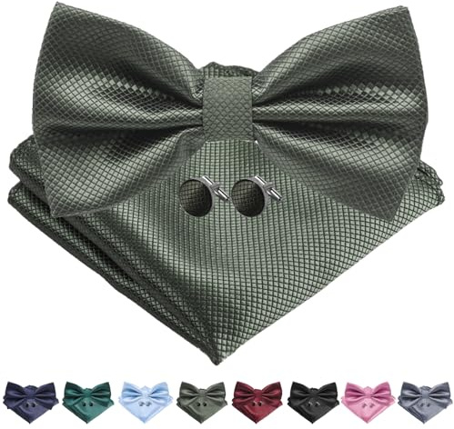 AUNGCSHE 4 PCS Herren Fliege mit Einstecktuch mit Geschenkbox, Einstellbar Volltonfarbe Fliege, Geeignet für Hochzeiten, Versammlungen, Abendkleider und Partys(Graugrün)