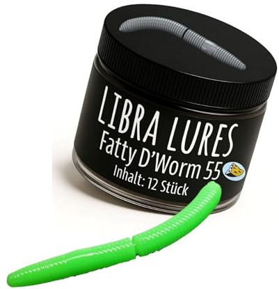 Libra Lures Fatty D`Worm Tournament 55mm Forellenköder Supersoft | 12 Stück | Aroma: Käse | Farbe: 026/ Hot Apple Green | Gummiköder | Forellenköder Neuheiten | Forellen Angeln mit dem Fatty