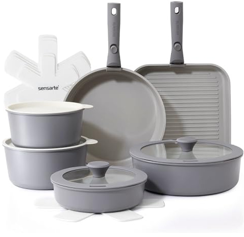 SENSARTE Set di Pentole 17 Pezzi con Manici Rimovibili, Antiaderente in Ceramica, Compatibile con Induzione e Gas, Include Padelle, Casseruole e Grill, Impilabile e Lavabile in Lavastoviglie