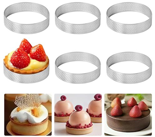 Lytonix 6 Pièces Cercle a Tarte Perforé en Acier Inoxydable, 6 x 2cm, Antiadhésifs, Rond Cercles à Patisserie Perforer pour Gâteau Mousse, Muffins, Mini Pizzas, Quiches, Patisserie, Outils de Cuisson