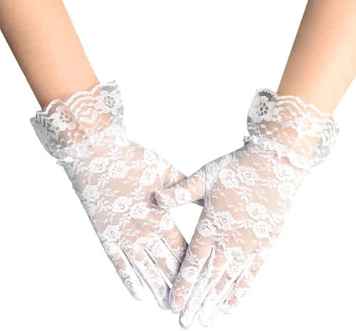 KeYaMee Women Lace Gloves Floral Pattern Fullfinger Glove for Wedding Prom Party Costume 003 white