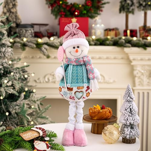Aodejoy Christmas Standing Figures with Retractable Legs, Pink Telescopic Doll, Cute Santa Claus Snowman Elk Old Woman Standing Doll for Home Party Adornment Holiday Shelf Table-Snowman