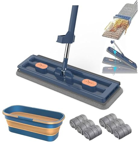 Grand balai plat, poignée réglable en acier inoxydable, rotation à 360°, balai plat avec seau avec 6 tampons en microfibre, grand balai plat avec roues, pour carrelage, bois dur, fenêtres humides et