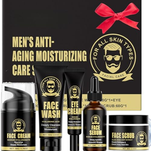 5PCS Men's Anti-Aging Care Set Kit，Mens Skin Care Sets & Kits - Mens Face Cream, Face Wash & Scrub, Eye Cream, Anti Wrinkle Serum -Hydrating & Moisturizing Face Care|All Skin Types | Daily Routine for