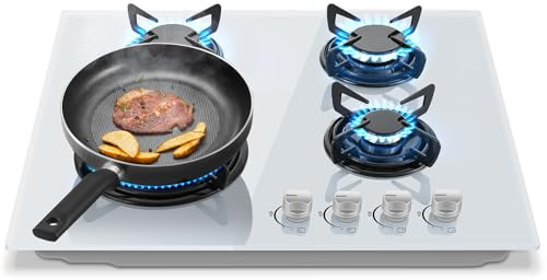 TopStrong Gaskochfeld mit 4 Brennern, Einbau-Glaskochfeld 60 cm, Natur-/Propangasherd, weißes Glas, Flame-Out-Schutz, emaillierte Grills, 8060W