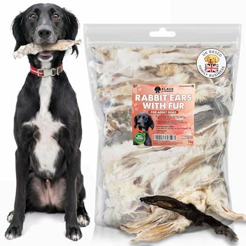 Klaus & Friends Rabbit Ears with Fur for Dogs – 100% Natural Hypoallergenic Dog Treats 1kg (75–85 pcs) Grain Free & Low Fat Natural Air Dried Dog Food for Dental Care, Digestive & Skin Health Support