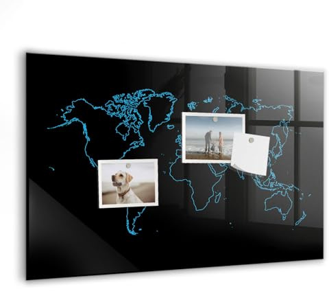 Sicherheitsglas-Magnettafel Premium | Inklusive Neodym-Magnete, Marker & Schwamm | Elegantes Whiteboard für Küche, Arbeitszimmer & Besprechungsräume- 60x40 - Konturen der Weltkarte