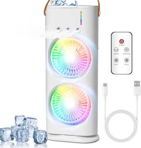 Bwaliffury Aire Acondicionado Portátil, Enfriador de Aire 4 en 1, Mini Aire Acondicionado con 3 Velocidades, 3 Modos de Niebla, Depósito 320 ml, LED 7 Colores, Ventilador USB para Oficina, Hogar