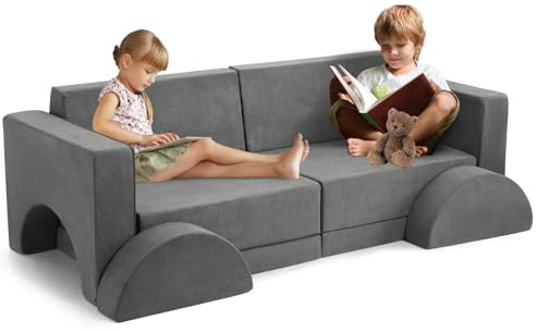 OPULENTHOME 8-delad modulär barnsoffa, 8-delars barnsoffa, lekrum och barnrum, konvertibel barnsoffa med avtagbart överdrag, grå