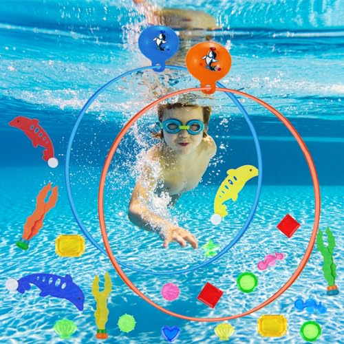 DAJWJAN Kit Plongée Piscine 27 pcs – Jouets sous l’Eau pour Enfants | avec Anneaux,Pierres Précieuses & Dauphins – Stimule Confiance en l’Eau & Motricité – Cadeau Été Idéal dès 5 Ans