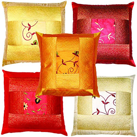 rajwada-fashion Indian Ethnic Hand Embroidery Decorative Silk Pillow Cushion Cover Set of 5 Pcs Size 16 X 16 Inch.