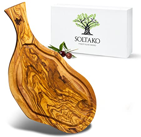 SOLTAKO Planche à steak et à découper en bois d'olivier « The Smokey BBQ » 40-43 cm, avec rainure à jus et poignée