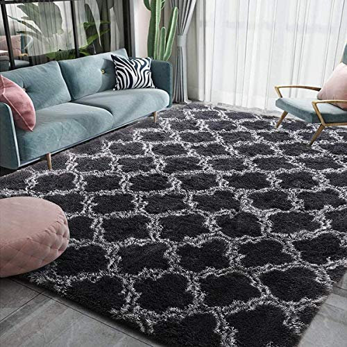 Leesentec Rugs Living Room Area Rug Soft Anti Slip Bedroom Carpet Fluffy Rug Shaggy Floor Mats Large Rugs for Living Room(Black,140 x 200 cm)