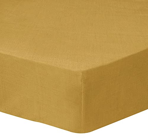 MATT & ROSE Drap Housse 140x190/200 cm Uni Lin LAVÉ | 100% Lin Lavé | Oeko-TEX | 140g/m² | Safran