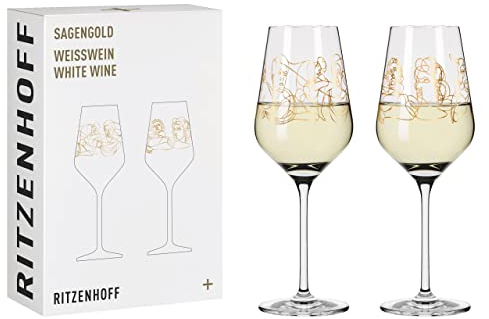 RITZENHOFF 3411001 Bicchiere da vino bianco 300 ml - Serie Sagengold No. 1 - Set di 2 bicchieri, motivo mitologico, oro vero - Made in Germany