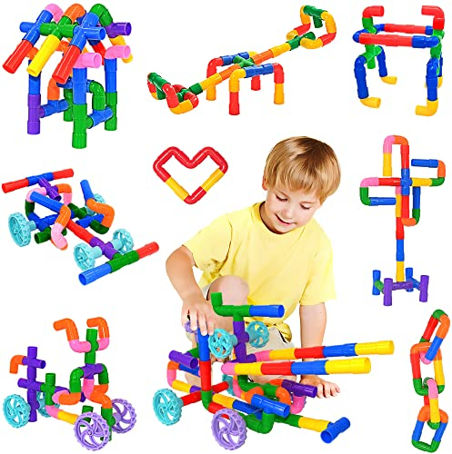 SIENIANLINE Pipe Tube Toys, 96 Stück Klassische Bausteine Zusammenbau von Spielzeug mit Rädern - Geschenk für kreative Lernerziehung Steckspiel für Jungen und Mädchen