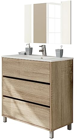 Muebles Pitarch | Set mobile da bagno con specchio incluso, larghezza 80cm, con piedi, 3 cassetti, Bianco, per lavabo incassato, stile Moderno, modello Kalma