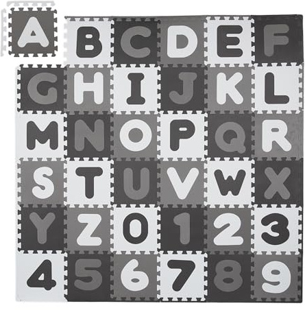 Relaxdays Tapis éducatif avec Alphabet et Chiffres, 60 Parties, pour Enfant, LxP : 172 x 172 cm, Mousse, Blanc/Gris