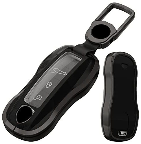 K LAKEY Alloy Metal Key Fob Cover,Compatible with Porsche 911 Cayenne Cayenne Coupe Panamera Taycan Remote Keyless Key Fob,Armor TPU Key Fob Case Protector with Keychain Black