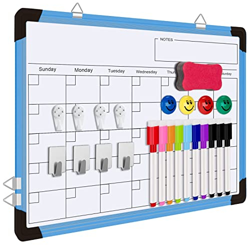 FINEW Lavagna bianca magnetica 40 x 30 cm, Mini lavagna bianca, lavagne bifacciali appese con cornice in alluminio inclusa, lavagna magnetica utilizzabile per scuola, elenchi, disegno, ufficio (blu)
