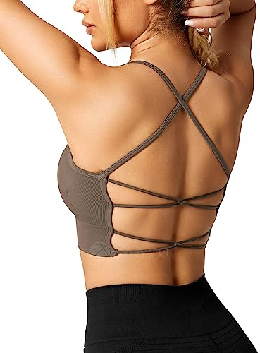 ZAAYO Damen Gym BH Gepolstert Crossback Fitness Sport Bra Abnehmbarer Brustpolster Yoga Tops Gestrickte Nahtlose Sportbekleidung Chestnut Brown Medium