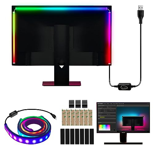 Sonnewelt Neon LED Strip RGBIC Gaming PC Monitor Hintergrundbeleuchtung USB RGBIC LED Streifen für 27 Zoll PC,Smart Gaming Light mit skydimo App-Steuerung, Sync für Spiele,Musik,Filme