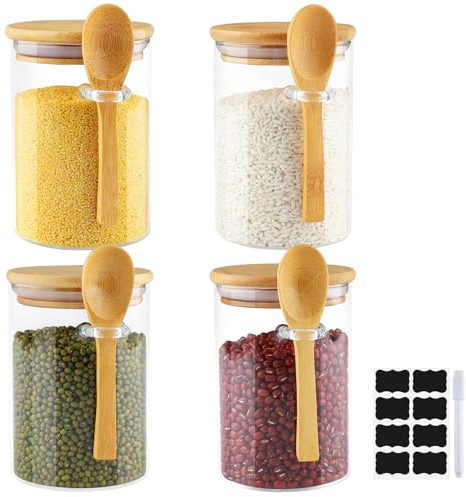 Mezzar Barattoli Vetro con Coperchio, Set di 4 500ML Barattoli Cucina con Cucchiaio per Conservare Sale Zucchero Caffè Prodotti Secchi Spezie Tè Noci Semi Pasta Farina