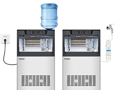 LEEVOT Profi Eiswürfelmaschine - Home Eismaschine 60kg in 24h, 480 Watt, Schaufel, Tube, LED, selbstreinigend, Blue-ray Desinfektion, ST Klimaklasse, Silber