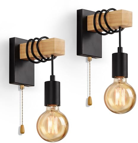 Lightsjoy 2 Pck Pull Cord Wall Lights with Switch, Wooden Wall Lamp | Black Wall Lights with E27 Base, Vintage Bedside Wall Sconce Indoor Wall Lights for Bedroom Bedside Hallway