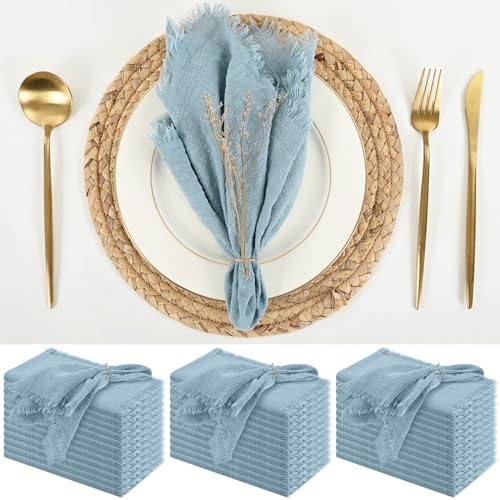Handgefertigte Stoffservietten, 36 Stück, staubblau, 40,6 x 40,6 cm, Baumwoll-Leinenservietten mit Fransen, waschbare und wiederverwendbare Servietten, weiche, rustikale Boho-Fransen-Tuchservietten