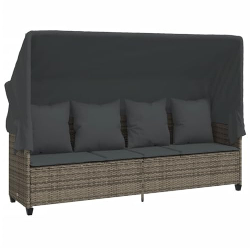vidaXL Sonnenliege mit Dach und Kissen Grau Poly Rattan